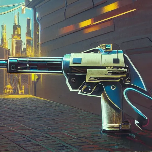 Prompt: painting of syd mead artlilery scifi parametric gun with ornate metal work lands on a sidewalk, filigree ornaments, volumetric lights, simon stalenhag