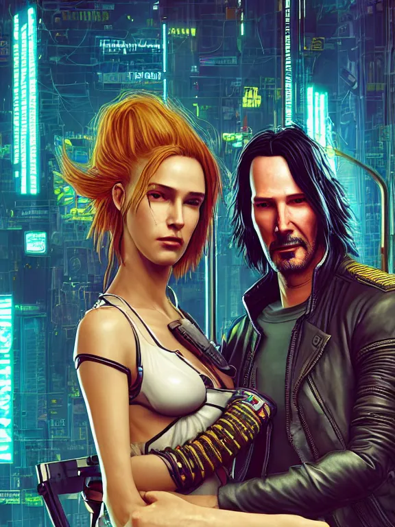 Image similar to a cyberpunk 2077 couple portrait of Keanu Reeves and V ,love story , lots of electric cable behind them connected to giant computer,film lighting,by laurie greasley,Lawrence Alma-Tadema,William Morris,Dan Mumford,trending on atrstation,FAN ART,full of color,Digital painting,highly detailed,8K, octane,golden ratio,cinematic lighting