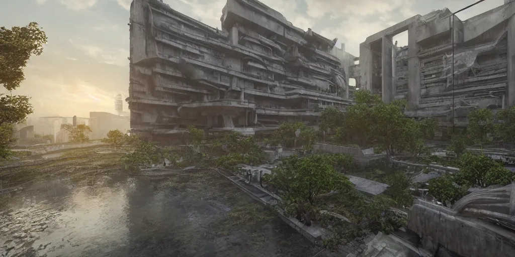 Image similar to an extremely detailed building, ancient brutalist architecture, streetscapes, surrounded by lush green forest and murky ponds of water, stunning volumetric lighting, sunset, rusted steel, smooth solid concrete, stunning skies, trending on Artstation, 8k, photorealistic, hyper detailed, unreal engine 5, IMAX quality, cinematic, epic lighting, in the style of the game DOOM, by Greg Rutkowski