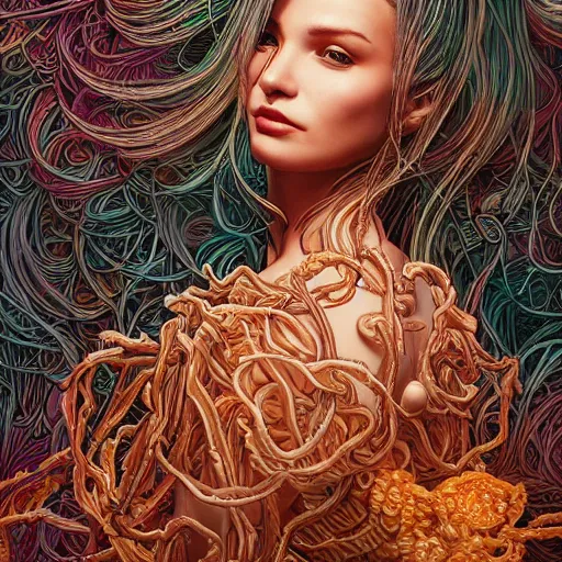 Image similar to the portrait of an unbelievably beautiful woman partially made of onion rings, an ultrafine detailed illustration by james jean, final fantasy, intricate linework, bright colors, behance contest winner, vanitas, angular, altermodern, unreal engine 5 highly rendered, global illumination, radiant light, detailed and intricate environment