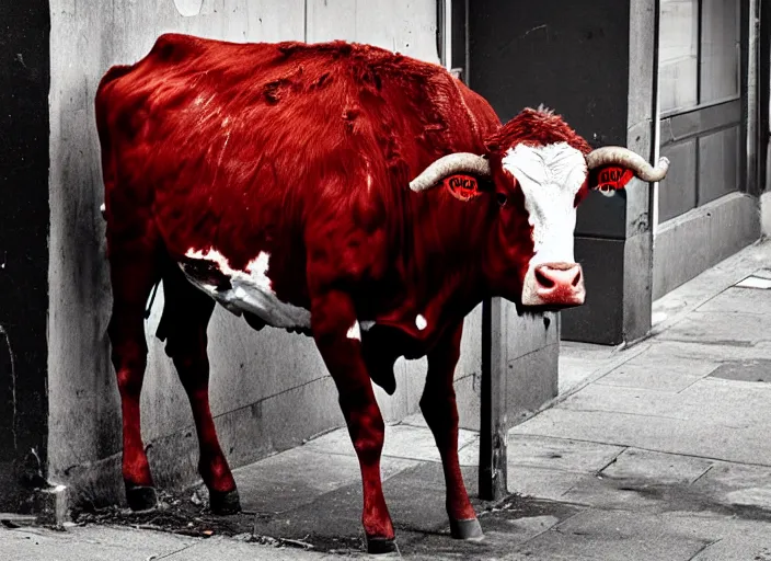 Prompt: photo dirty old homeless kissing red cow