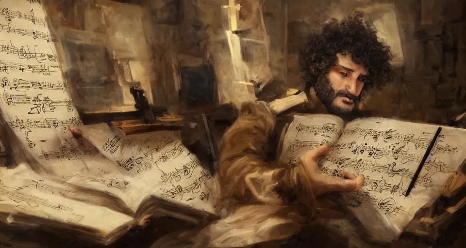 Image similar to the most epic painting of all time, a curly - haired persian guy composing the most epic symphony of minds, trending on artstation