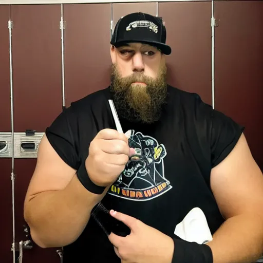 Prompt: the big show wrestler smoking a vape pen, locker room in background, gritty,