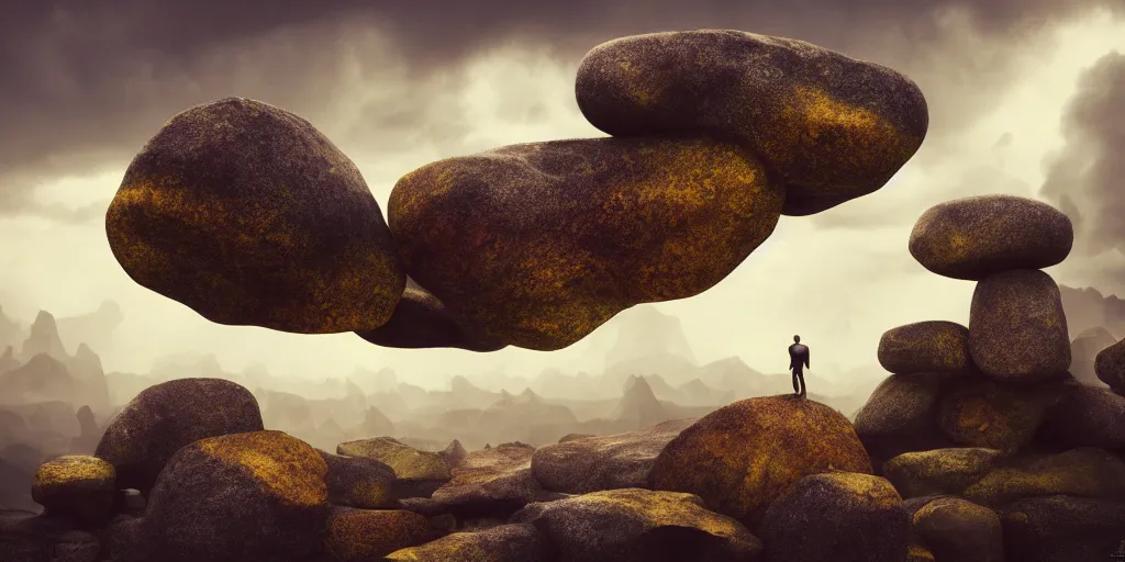 Prompt: Photorealistic crowd of lurching people made from colorful fungus approach. Magically floating rocks, with ominous storm clouds, strange levitating stones, stones falling from the sky, a gentle rising mist. occult photorealism, UHD, amazing depth, glowing, golden ratio, 3D octane cycle unreal engine 5, volumetric lighting, cinematic lighting, cgstation artstation concept art