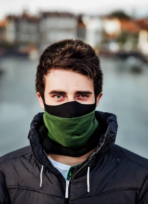 Prompt: a personal close up portrait of a 2 1 year old man from switzerland, wearing a face mask, his hair is brown and short, his eyes are green, his face is symmetric and friendly, he's proud to be where he is in life, black jacket, ambient light, beautiful composition, magazine photography, full frame, 5 0 mm, f 1. 8