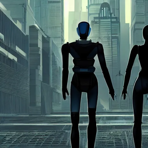 Prompt: Androids walking in a dystopic city