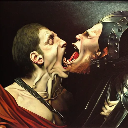 Prompt: metalhead singing dramatically, heavy metal, gothic, oil painging by caravaggio and alan lee