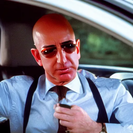 Prompt: jeff bezos as tim roth in reservoir dogs, bleeding in the back seat of the car holding his guts in, 3 5 mm film, high quality film, big screen, cinematic