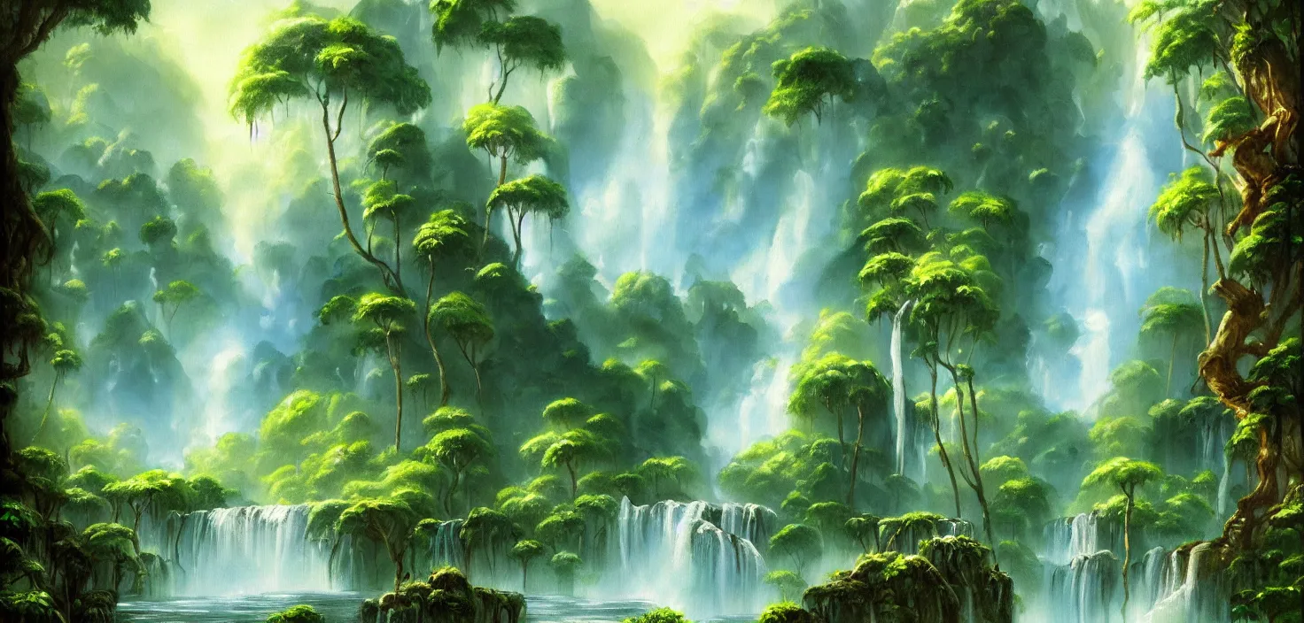 Image similar to a painting of a waterfall in the jungle, a detailed matte painting by bob ross, deviantart, fantasy art, matte painting, detailed painting, 2 d game art