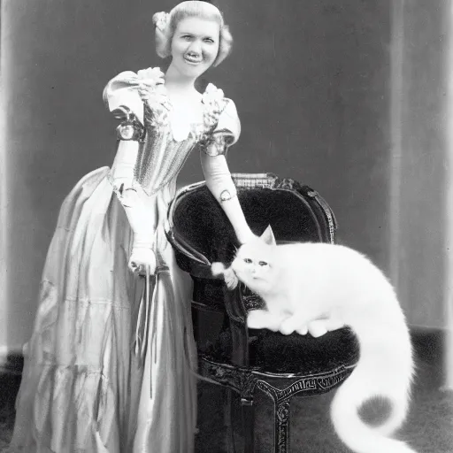 Prompt: a photo of a princess with long, golden hair wearing a pink dress and long, white gloves sitting on a chair petting her white cat