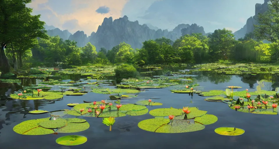 Prompt: A beautiful calm pond full of lilypads infront of a scenic mountain range, rendered by Beeple, Makoto Shinkai, syd meade, simon stålenhag, environment concept, digital art, unreal engine, WLOP, trending on artstation, low level, 4K UHD image, octane render,