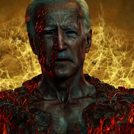 Image similar to biden in dante's inferno painting, crosses, dark beauty, rotten gold, closeup faces, extremely detailed, cinema 4 d, unreal engine.