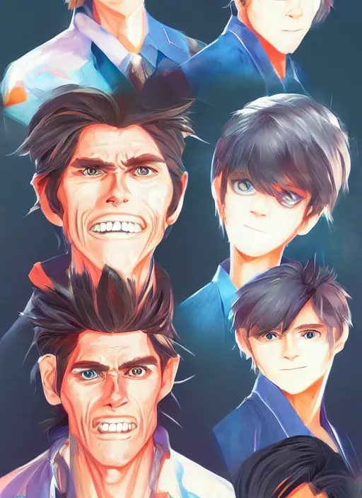 Prompt: young anime willem dafoe portrait illustrated by rossdraws, vivid colors, soft lighting, digital artwork 4 k, best of artstation