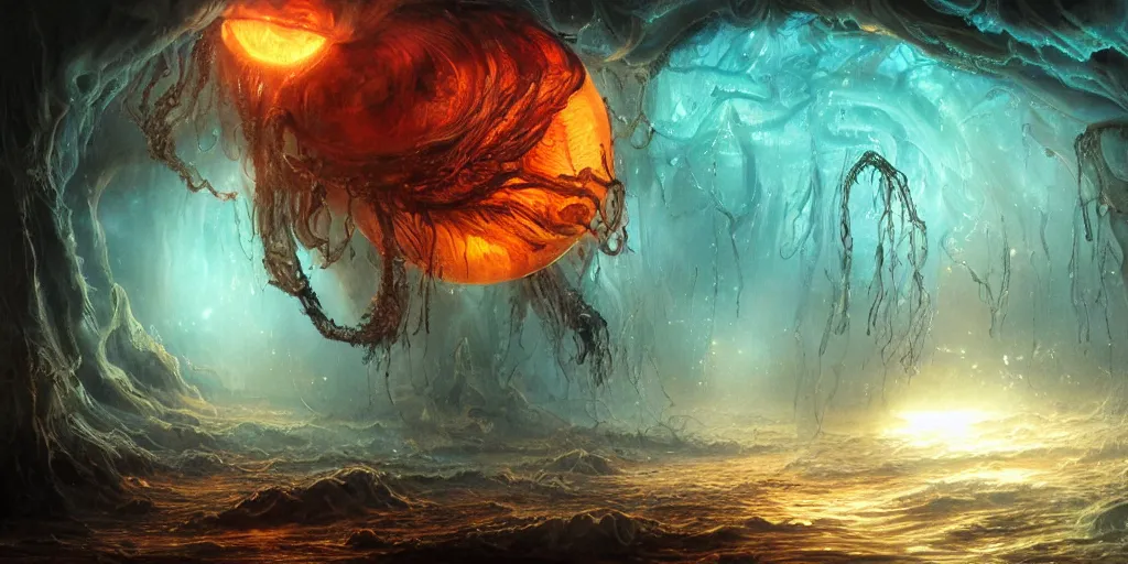 Image similar to concept art of giant translucent glowing jellyfishes, lovecraftian, lots of teeth, melting horror, round moon, rich clouds, fighting the horrors of the unknown, high resolution, very detailed, roaring, volumetric light, mist, grim, fine art, decaying, textured oil over canvas, epic fantasy art, very colorful, ornate, anato finnstark