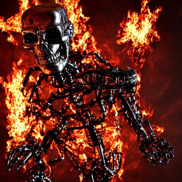 Prompt: terminator endoskeleton with fire behind it movie still, chrome, shiny, reflective, metallic, 3 d render, realistic, hdr, stan winston studios, dramatic lighting, flame colors bright,