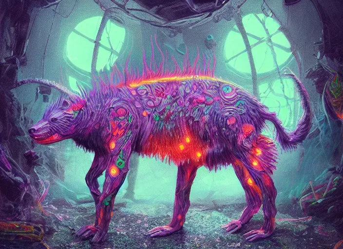 Prompt: detailed full body concept art illustrated colorful bioluminescence pastel painting of a nightmare Chernobyl mutated animal in full intricate detail, ultra detailed, digital art, octane render, 4K, dystopian, micro details