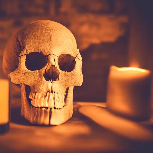 Image similar to a skull in a dark dungeon lit only by candle light, dslr photo, cinematic lighting, shallow depth of field