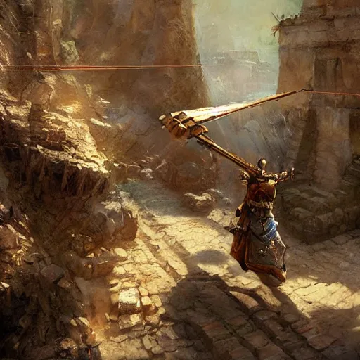 Prompt: a sling catapult machine sending rocks flying, cart wheels, epic fantasy style art by Craig Mullins, fantasy epic digital art