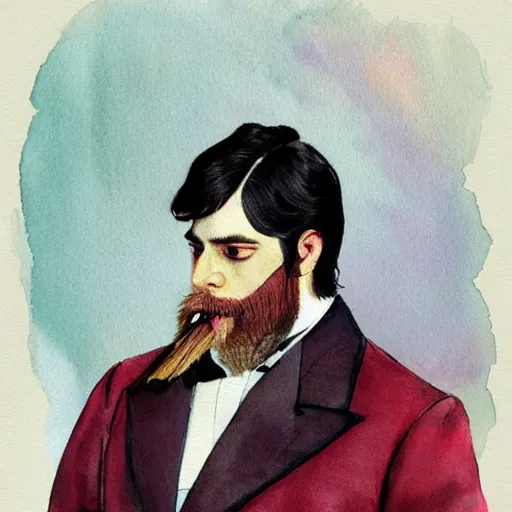 Image similar to Portrait of a handsome man with thick mutton chops. shaved chin, wearing a suit. colorful necktie, pale white face, long messy hair, long hair, ((red)) baggy eyes, tired eyes, tired face, disco smile, watercolor, brushstrokes, high detail, artstation, medium detail, by Ilya Repin and Dave McKean and Greg Rutkowski