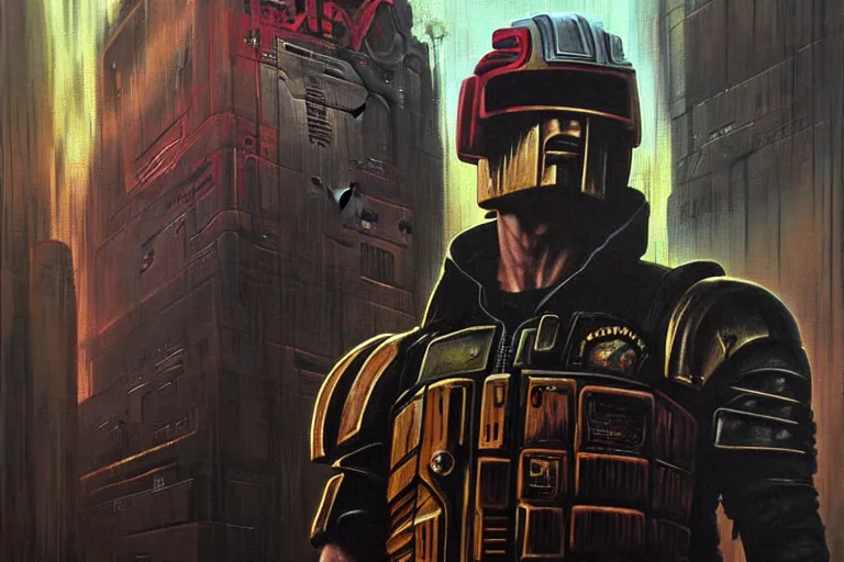 Image similar to portrait of david duchovny as judge dredd in megacity one. cyberpunk artwork, dystopian. dirty, grime. 4 k digital art, 8 0's style. tomasz alen kopera, peter mohrbacher, donato giancola, boris vallejo, drew struzan realistic detailed oil painting, urban horror, frank frazetta, brian bolland