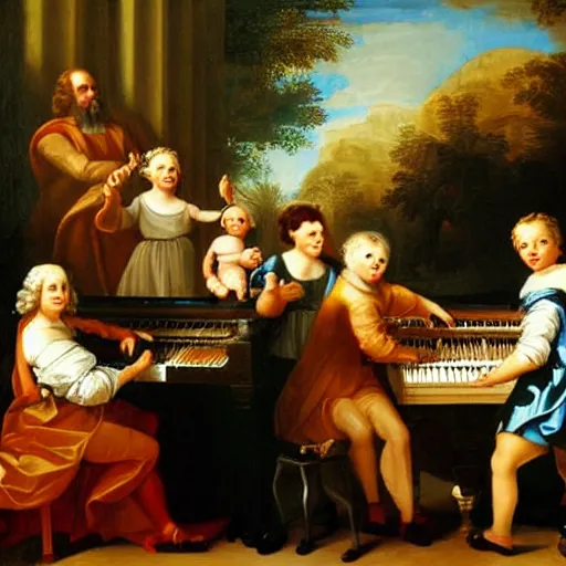 Image similar to baroque painting of johann sebastian bach playing the piano with his family in heaven