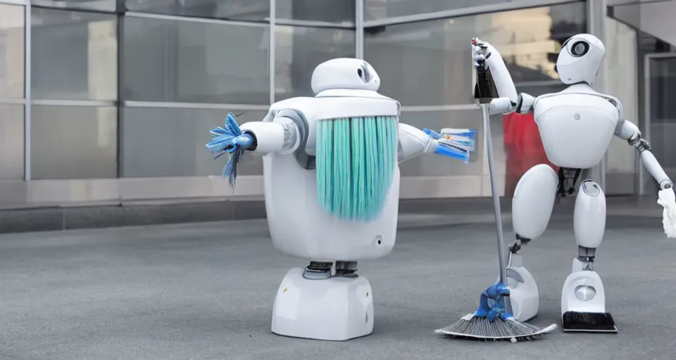 Image similar to a robot dressed as a cleaning lady, holding a brush