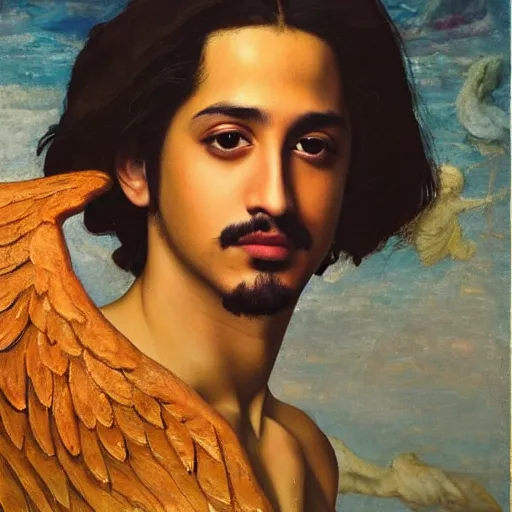 Prompt: Oil painting of the handsome Avan Jogia with angel wings, naturalism, dramatic lighting, high-detailed oil painting by Ilya Repin, Michelangelo da Caravaggio, William Blake, Alex Grey and Beksinski, trending on Artsatio, masterpiece, 4k, 8k,