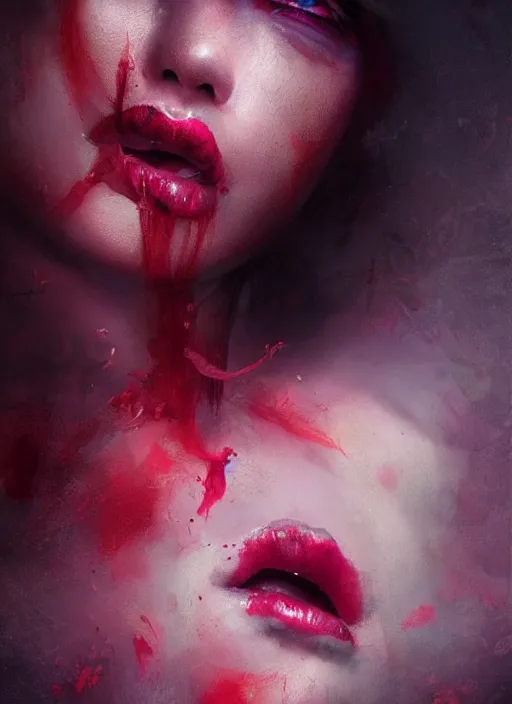 Image similar to shot of sinister girl with pouty aerochrome lips, fungal, adorable, expressive eyes, playful pose of a dancer, greg rutkowski, charlie bowater, yuumei, stephen gammell, unreal 5, daz, hyperrealistic, octane render, rpg portrait, dynamic lighting, fantasy art, beautiful face