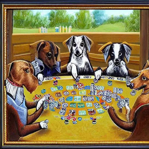 Prompt: dogs playing poker in the style of louis wain