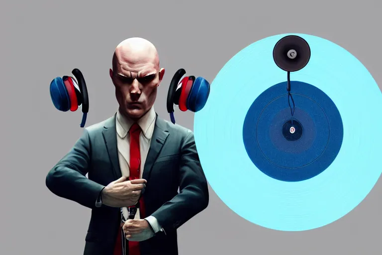 Prompt: an expressive portrait of agent 4 7 from hitman wearing headphones in front of a wall of vinyl records, dark background, blue rim light, digital art, artstation, art by giger stalenhag