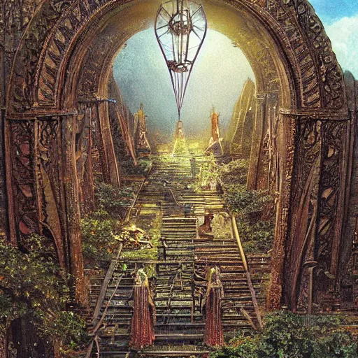 Image similar to ornate by ted nasmith children's illustration. a beautiful kinetic sculpture. i was born in a house with a million rooms, built on a small, airless world on the edge of an empire of light & commerce.