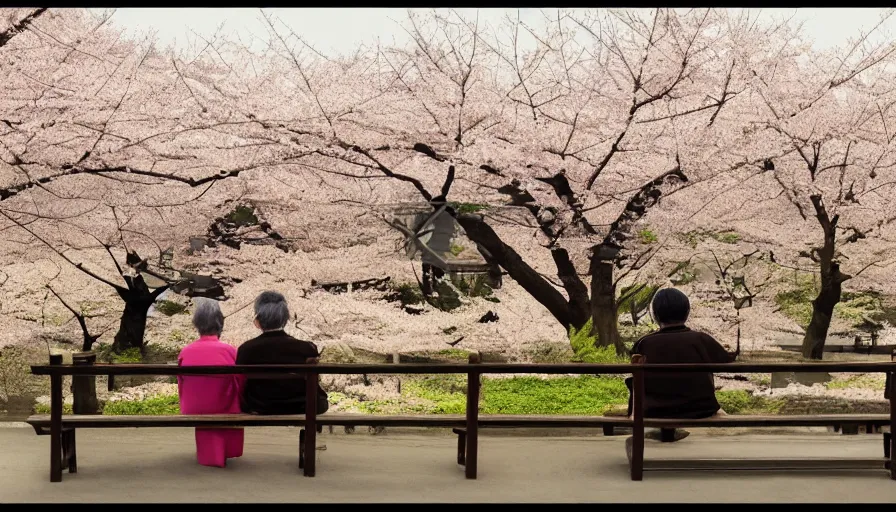 Image similar to back view of an old japanese couple sit on the bench, sunset, japanese village, cherry blossomns, shingo araki, hyperdetailed, artstation, cgsociety, 8 k