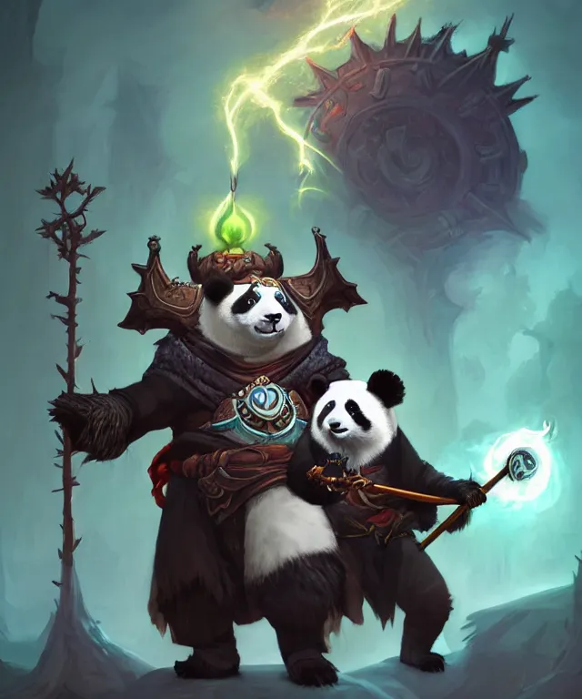 Image similar to a portrait an anthropomorphic panda warlock holding a staff, wearing warlock robes with spiked shoulders, landscape in background, dnd character art portrait, world of warcraft style, by peter mohrbacher, cinematic lighting