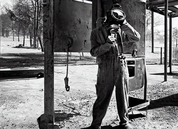 Image similar to welder in welding mask in an abandoned playground, by richard avedon, tri - x pan stock