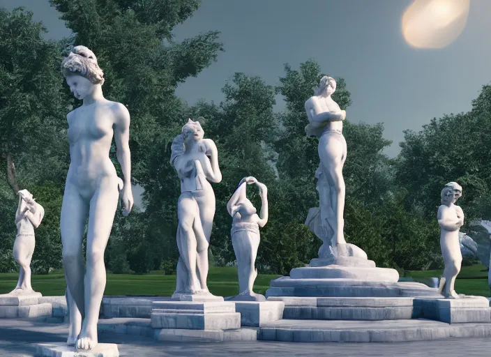 Image similar to a park with many marble statues, cinematic light, 8 k, unreal engine,