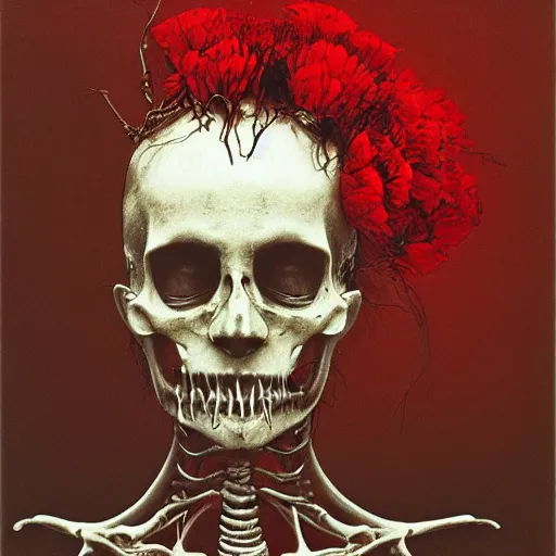 Prompt: portrait photo of a woman by Zdzislaw Beksinski, skeletal body, black eyes, red flowers wrapped around the body