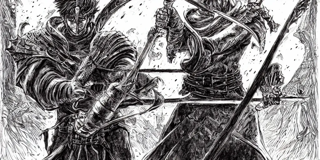 Prompt: guts with one arm, greatsword, detailed face, high detail, castle background, manga style, by kentaro miura