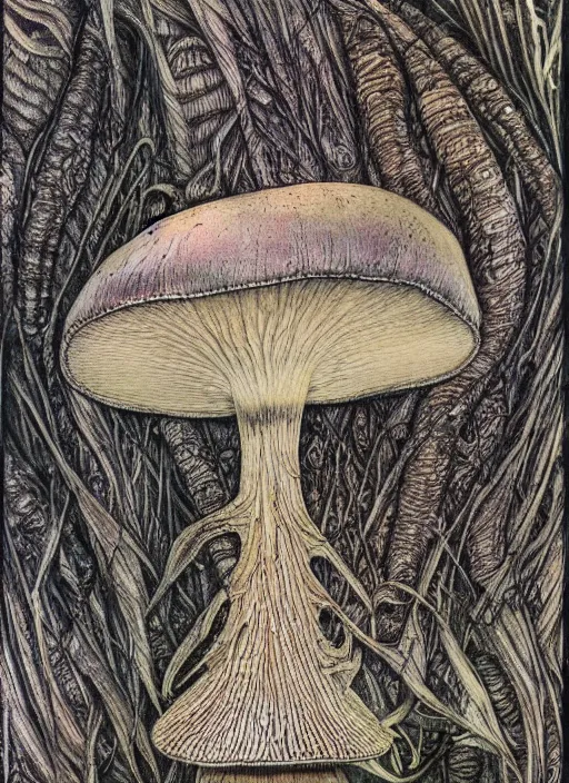 Prompt: a hybrid between a mushroom and a house,, insanely detailed, studio light, hr giger, colored pencil