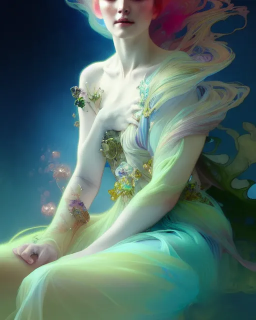 Image similar to ultrarealistic Portrait of ethereal deity wearing beautiful gown, calm, 4k digital masterpiece by Anna Dittman and Alberto Seveso Ruan Jia, rossdraws and alphonse mucha and loish and WLOP, fantasycore, Hyperdetailed, realistic digital painting, atmospheric, soft lighting, featured on Artstation