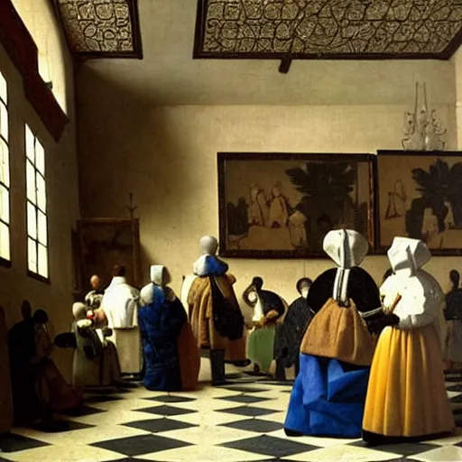 Image similar to a large wedding reception, lots of people, illustrated by johannes vermeer