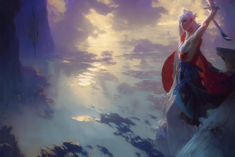 Image similar to netease sephiroth, night, brilliant colors and hard shadows and strong rim light, colorful, night sky, cool white color temperature, blue hue, cool tones, painting by gaston bussiere, craig mullins, j. c. leyendecker