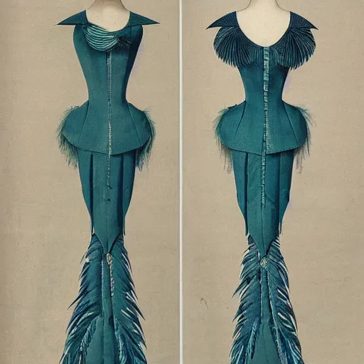 Image similar to the decorative detail of padded satin rouleaux are applied lavishly to this 1 8 2 0 s blue and green gauze dress. the feather pattern is an ethereal choice in gauze, overlaid with the couched loops of ivory silk.