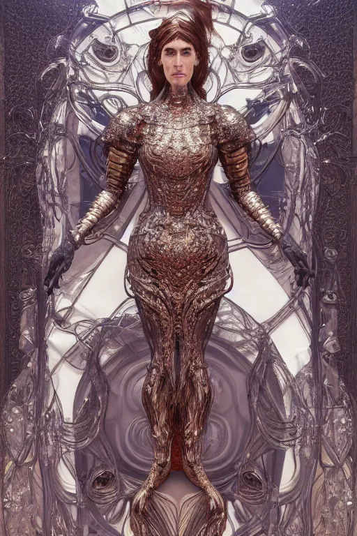 Image similar to a highly detailed medium shot 8 k render portrait of an alien goddess jennifer connelly in iris van herpen dress schiaparelli armor in diamonds and lots of jewelry in style of alphonse mucha trending on artstation made in unreal engine 4