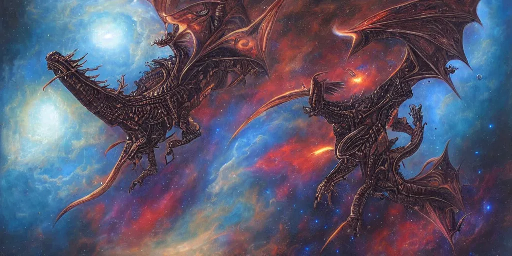 Image similar to an alien dragon flying in outer space, epic nebula, Dan Seagrave art