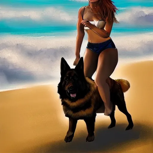 Image similar to girl riding a giant German shepherd at the beach, trending on artstation