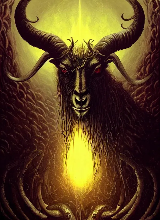 Prompt: elden ring themed undead baphomet goat icon tarot card portrait, malevolent gaze, doom aesthetic, religious, sinister, ornate, intricate, beautifully backlit, subtle tones, digital painting, concept art, smooth, sharp focus, illustration, art by josan gonzalez, greg rutkowski, killian eng and zdizslaw beksinski