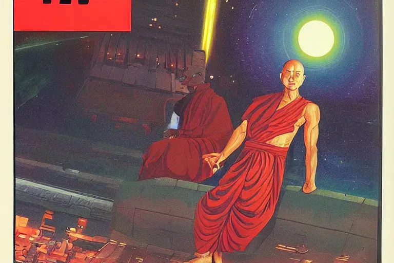 Prompt: 1979 OMNI Magazine Cover of Buddhist monk. in cyberpunk style by Vincent Di Fate