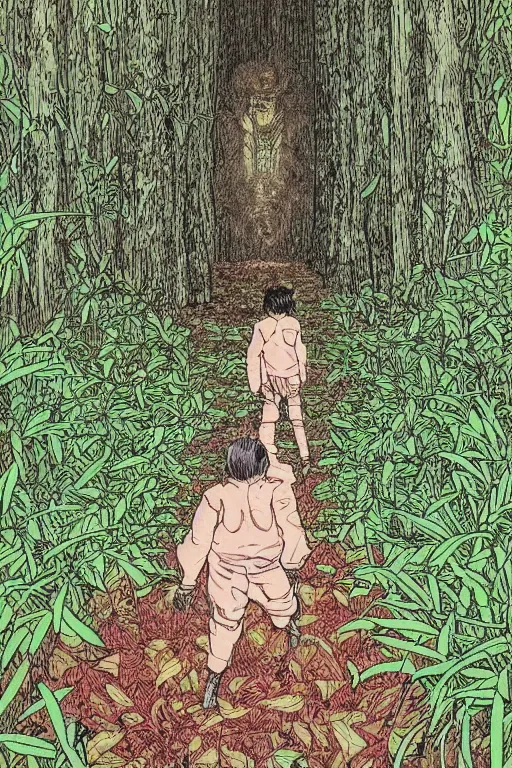 Image similar to young boy entering a huge mysterious and ominious forest, path, mushrooms, very graphic illustration by katsuhiro otomo and jean giraud, drawing, yoshitaka amano vibe, clean line, colorful comics style