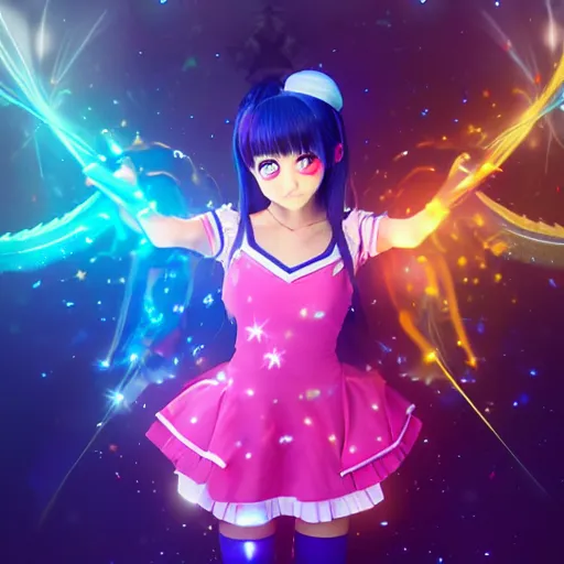 Prompt: magical girl transformation, anime style, kawaii, light particle effects