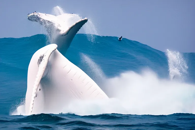 Image similar to underwater photography of a gigantic white whale jumping a wave at nazare